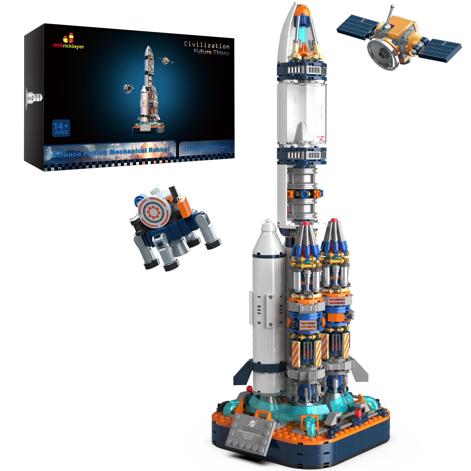 JMBricklayer Space Rocket Model Building Block Set for Adults to Build, 70110 Space Rocket Sets with Satellite and Probe, Collectible Spacecraft Decor Gifts for Teens Ages 14+ (864 Pieces)