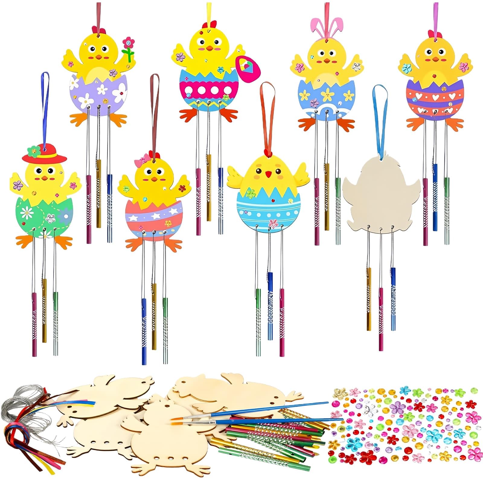 Easter Egg Crafts Kits Cute Decoration Kit, 32 Pack DIY Easter Egg Painting, Wooden Pieces, Small Pendants， Watercolor Pens, and Plum Blossom Diamonds, DIY Arts and Crafts for Boys Girls Toddlers Eas