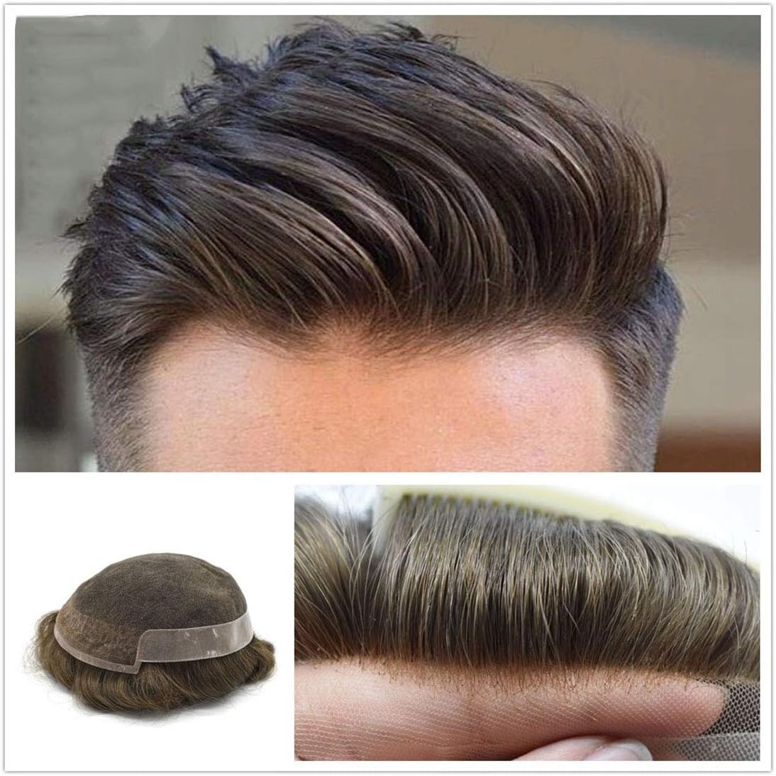 100% Privacy Durable Hair Breathable French Lace PU Base Men Toupee Invisible Natural Hairline Bleached Front Knots Remy Man Hair Wig,#7,6in8in