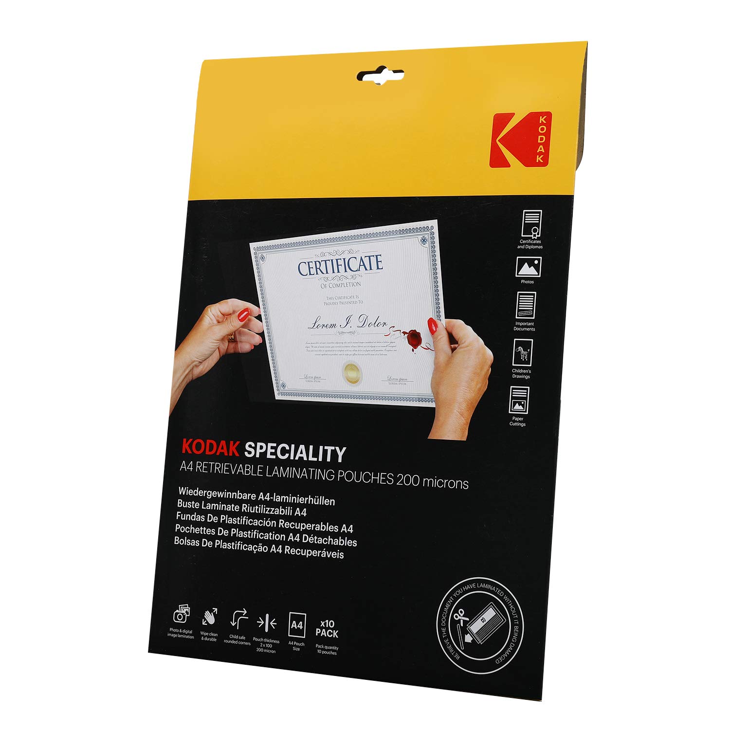 KODAK | Size A4 Retrievable Laminating Pouches | Pack of 10 | 200 Micron Thickness | KODAK Brand Quality, KD-LMA4RET-PK10F