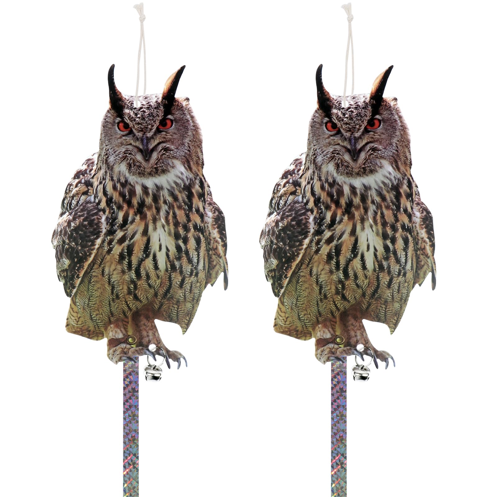 2PCS Fake Owl Hanging Plastic Owl to Scare Squirrel for Outdoor Flat Paper Garden Owl with Scare Tape to Keep Pigeon Woodpecker Away from House Patio Yard Outdoor Front Porch Backyard Windows