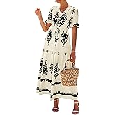 Lazysmile Summer Dresses for Women Short Sleeve V Neck Floral Drawstring Flowy A Line Boho Maxi Dress with Pockets