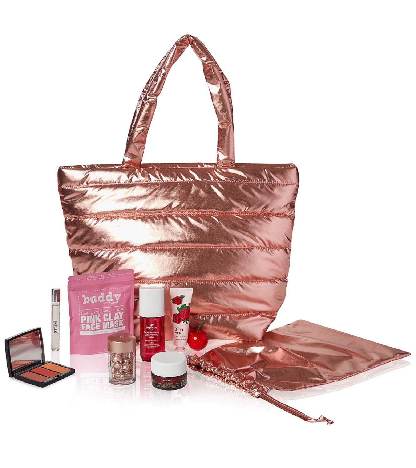 Created for Macy's Rose Gold Handbag Includes (9 pc) Products Buddy Scrub TONYMOLY Korres Boscia Tsubaki philosophy Anastasia Beverly Hills (Bag + Full Size Products)