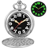 Tiong Smooth Covered Men's Pocket Watch,Luminous Arabic Numerals Black Dial Pocket Watch with Chain