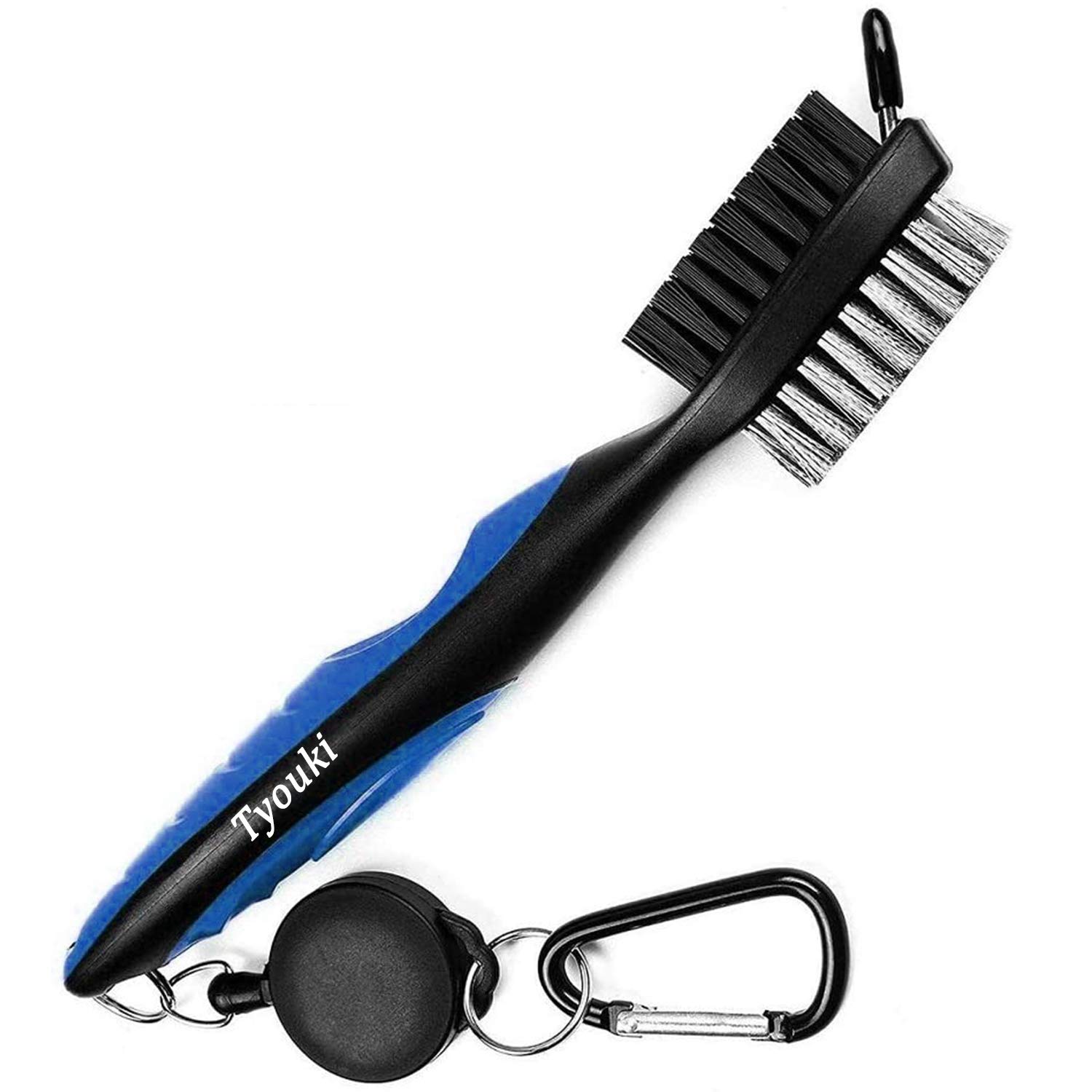 Tyouki Golf Brush with Groove Cleaner, Nylon & Steel Golf Club Brush Portable Golf Clean Tool with Adjustable Aluminum Carabiner for hanging on golf bag, Lightweight, Ergonomic Design (Blue)