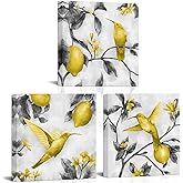 Visual Art Decor 3 Panels Yellow and Grey Lemon Flower Hummingbird Picture for Bedroom Wall Giclee Canvas Prints Bird Painting Gallery Wrapped Artwork for Living Room Kitchen Home Office Dining Room