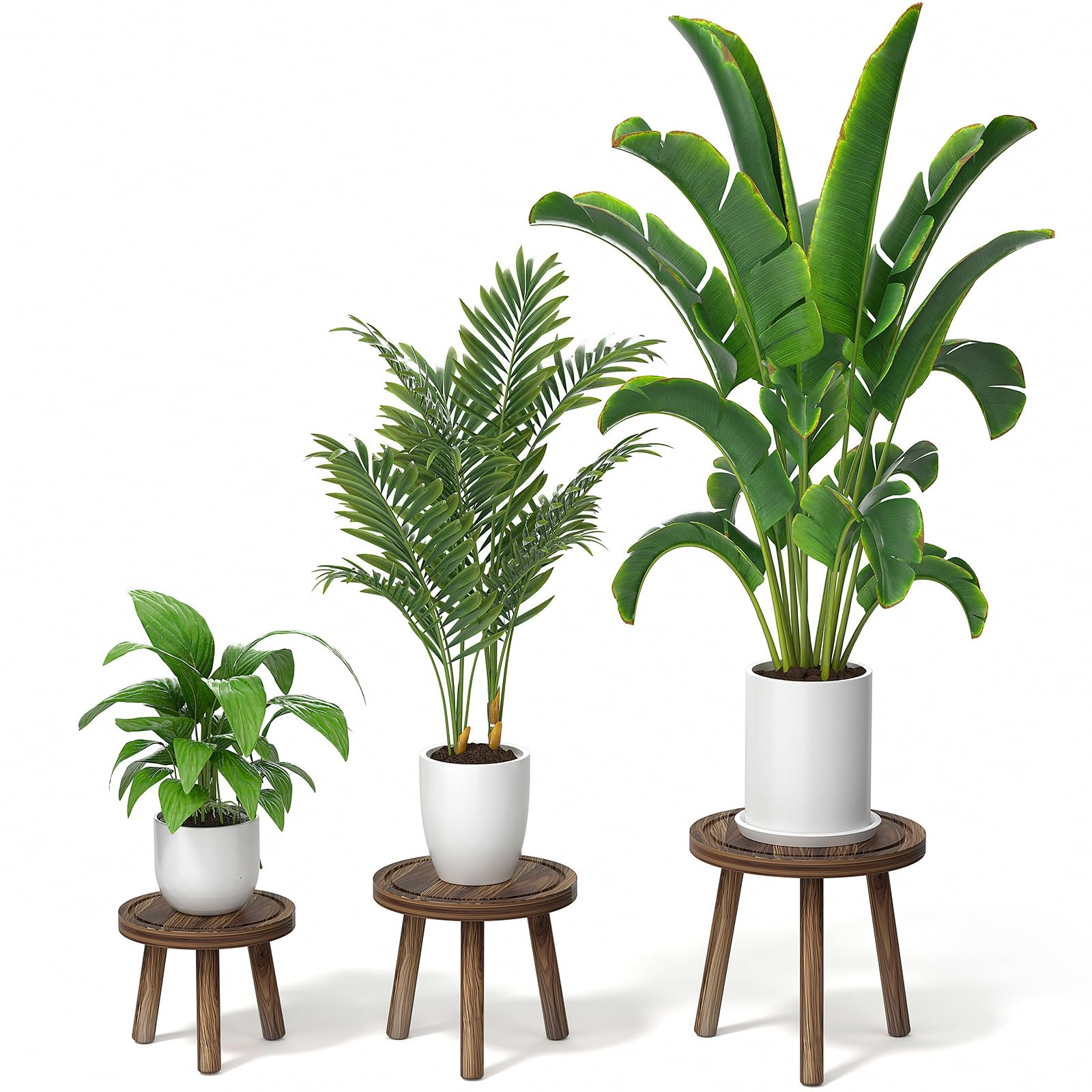 Photo 1 of Vecxoty 3-Pack Wood Plant Stands Indoor, Single Plant Stand for 6-12 Inch Pots, Mid-Century Modern Plant Stool, Tall Plant Stand for Large Plants for Living Room, Balcony, Office (Dark Brown)