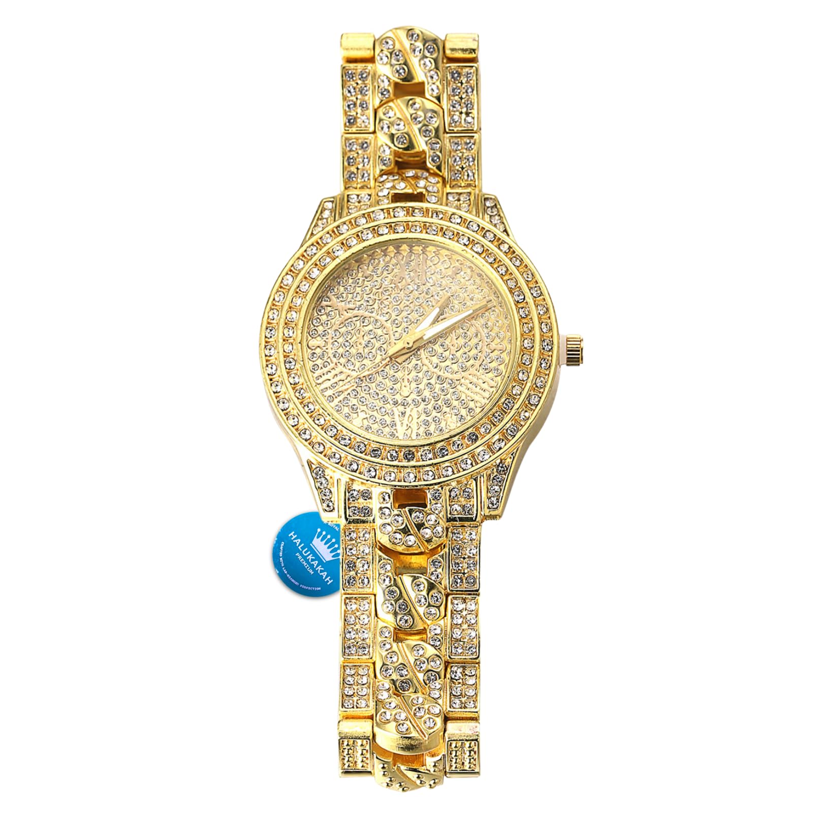 HALUKAKAH Gold Watch Iced Out,Men's 18k Real Gold Plated Cuban Chain Inserted Band Quartz Wristband 9.5"(24cm),Full Cz Diamonds,Free Giftbox