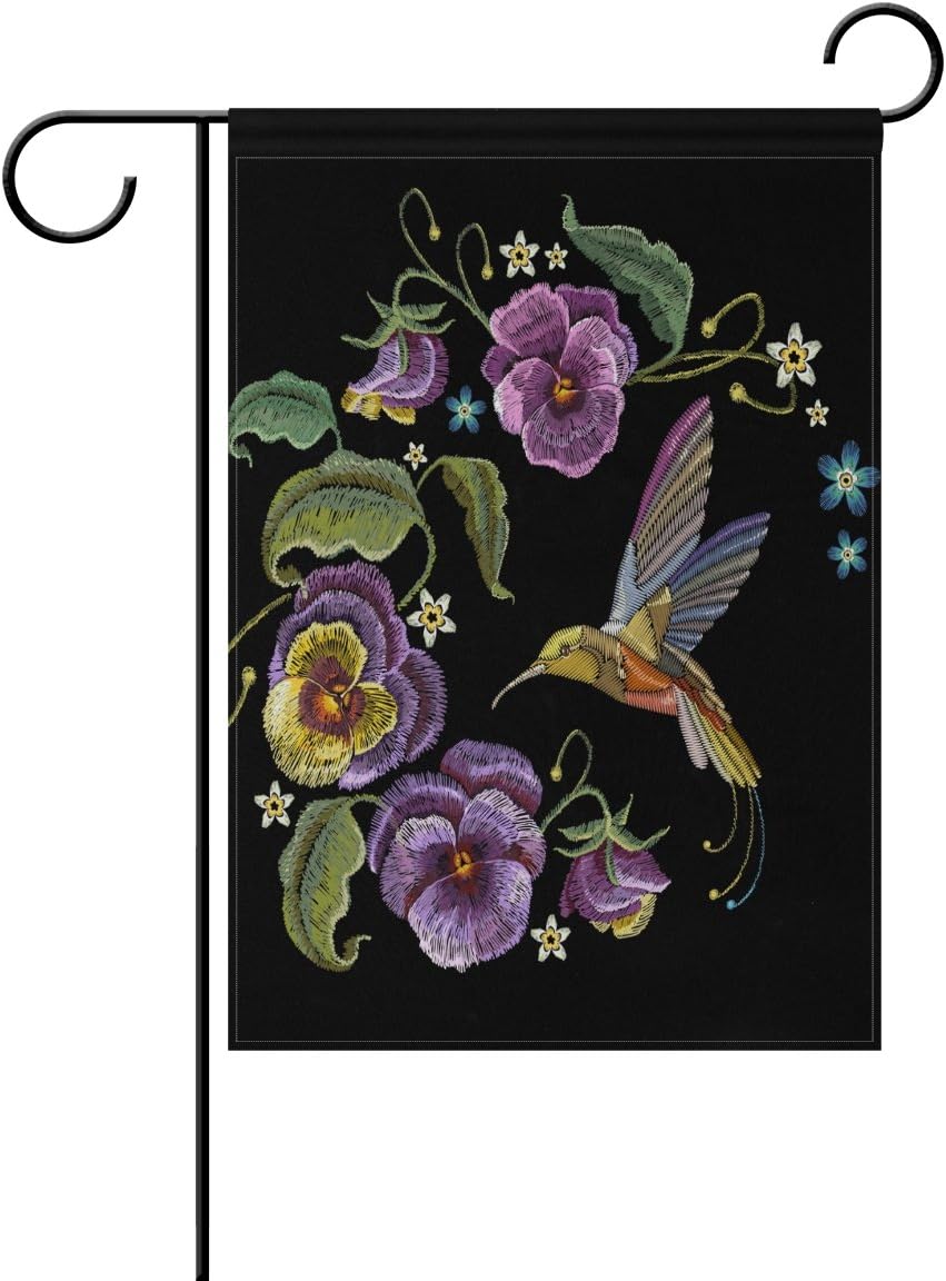 WIHVE Flowers Hummingbirds Garden Flag 12 X 18 Inch, Embroidery Floral Pattern Double Side Printed House Flags Decoration for Outdoor Home Holiday Party