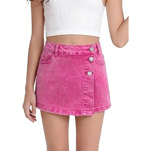 oyyniis Girls Denim Skorts Elastic Waist Button Wrap Jean Skort Shorts | Girls Casual Button Front Asymmetric A-Line Hem Jean
