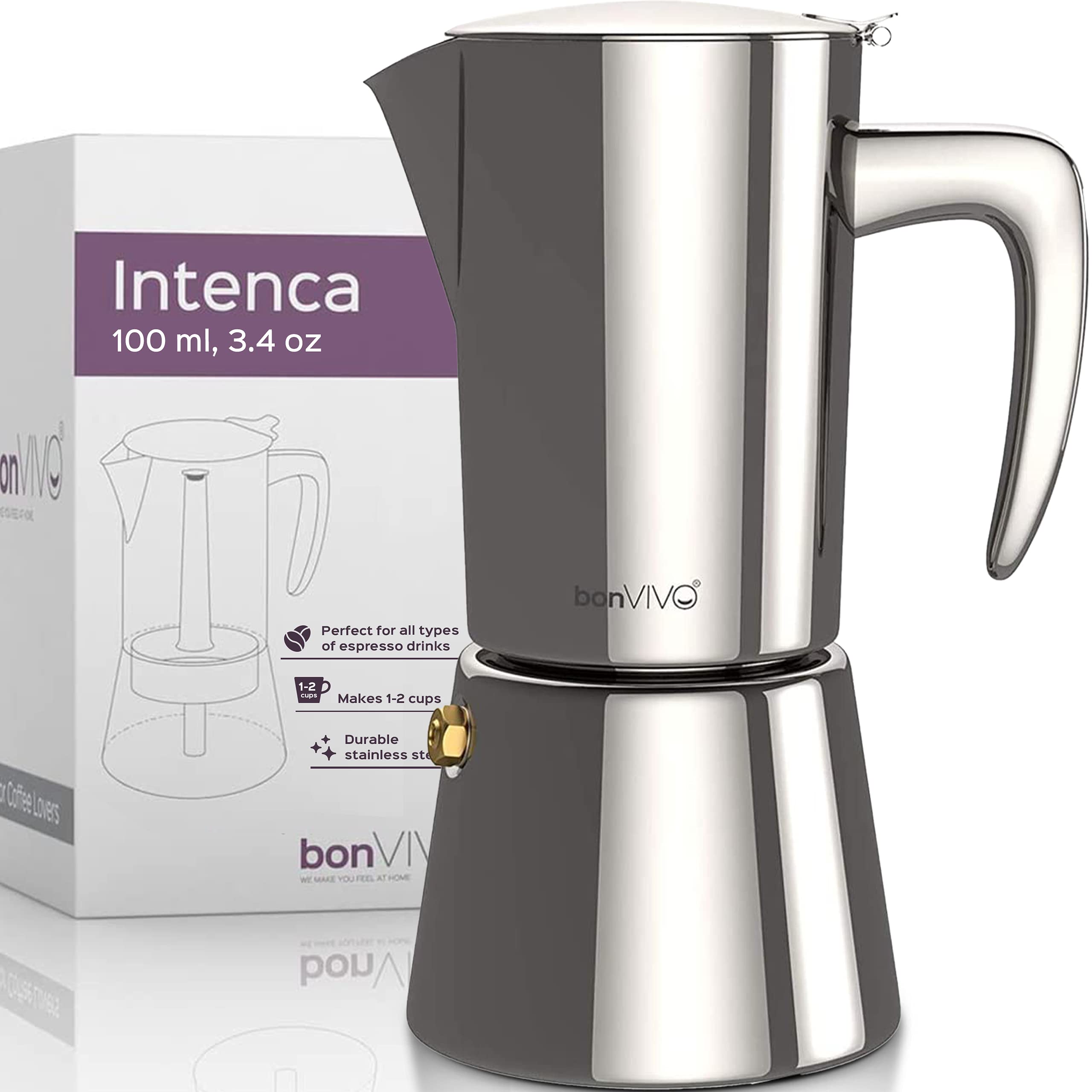 bonVIVO Moka Pot - 2 Cup Intenca Stainless Steel Espresso Maker w/Silver Finish - Stove Top Italian Coffee Maker - 100ml Cup Coffee Pot - Gifts for Men and Women