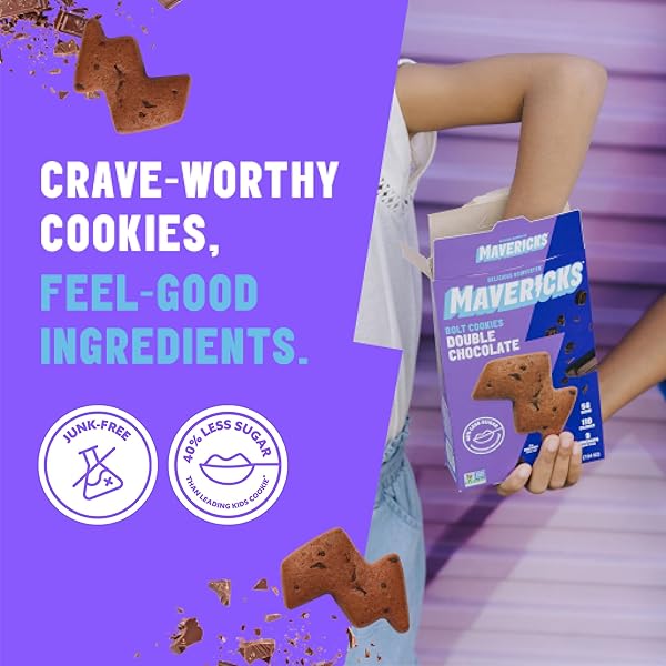 MAVERICKS DOUBLE CHOCOLATE BOLT COOKIES – PLANT-BASED CHOCOLATE CHIP COOKIES, PLANT BASED SNACK FOR KIDS, NUT FREE, 40% LESS SUGAR – 7 OZ BOX (1 PACK)