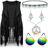 Eurzom 6 Pcs 60s 70s Outfits for Women Hippie Costume Tops Clothes Set Fringe Vest Tassel for Halloween