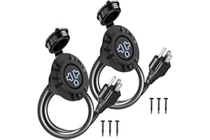 KarlKers 15A Weatherproof Outdoor Power Outlet, 15 Amp 125V NEMA 5-15R Receptacle Outlet with Integrated 20 Inch Extension Cord, 12AWG Outdoor Electrical Outlet with Waterproof Rubber Cover (2 Pack)