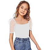 SOLY HUX Girl's Contrast Mesh Puff Short Sleeve Tee Square Neck T Shirt Top
