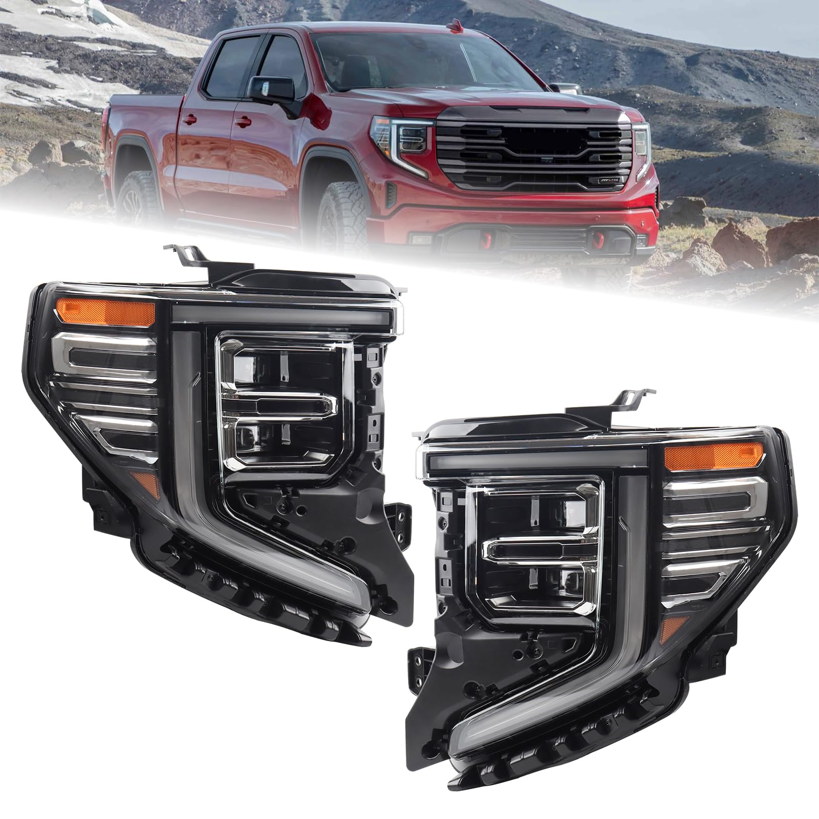Photo 1 of KAMDKI A Pair Chrome Trim LED Headlight Fit for 2022 2023 2024 GMC Sierra 1500 SLT/Denali Headlamp Assembly W/Module Left Driver and Right Passenger Side 85604120 86816590 85604119 86816589