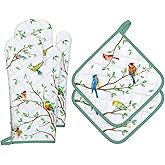 Arquiel Bird Branch Oven Mitts and Pot Holders Sets 4Pcs, 100% Cotton Heat Resistant, Extra Long Oven Gloves Potholder for Kitchen Cooking Baking Housewarming