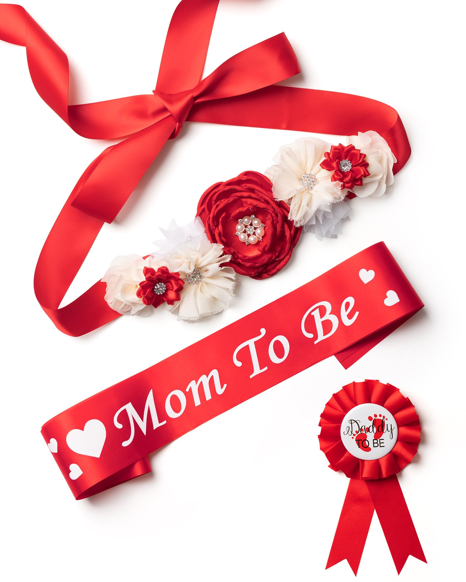 Photo 1 of BumpPetal Flower Sash Set - Baby Shower Mom to Be Daddy to Be Corsage Pin - Flower Belt for Maternity Dress - Pregnancy Photo Props Supplies (Deep Red)
