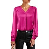 Youtalia Womens Satin Silk Blouses Long Sleeve V-Neck Dressy Casual Tops Business Work Shirts