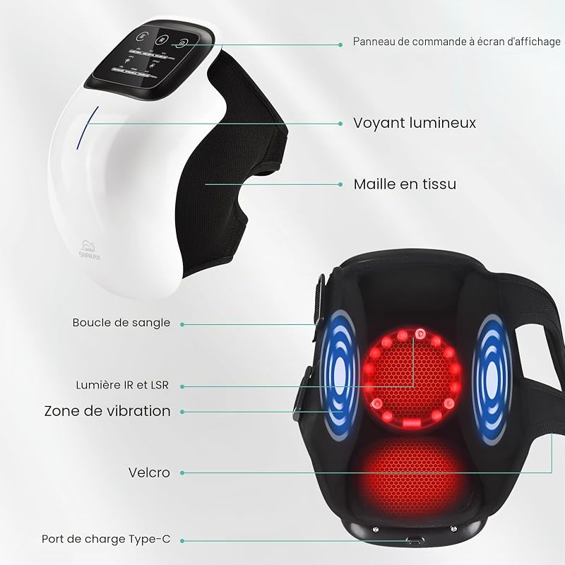 Masseur de genou sans fil avec chaleur, fonctions laser et infrarouge, appareil de massage pour genou, 3 niveaux de chaleur, 3 modes de massage par vibration, écran LED