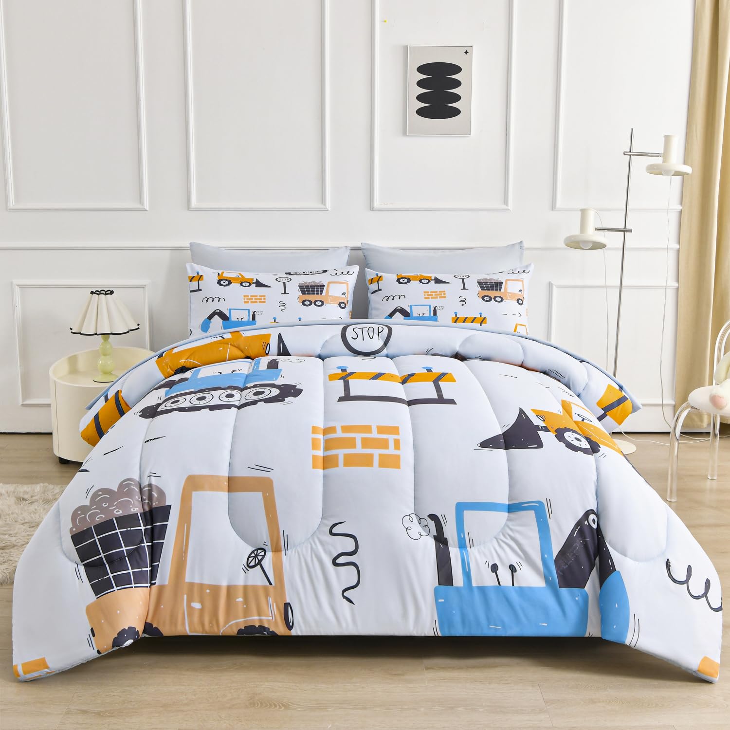 Photo 1 of Decoreagy Kids Twin Comforter Set 4 Pcs Bed in a Bag,Soft Light Blue Bedding Sets for Girls Boys,Lightweight Monster Truck Pattern Comforter with Sheet Sets,All Season Bed Set(Light Blue,68"x80")