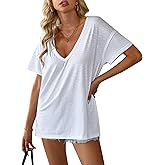 Avanova Women V Neck Side Slit Split Tee Oversized Short Sleeve Tshirts Summer Tops