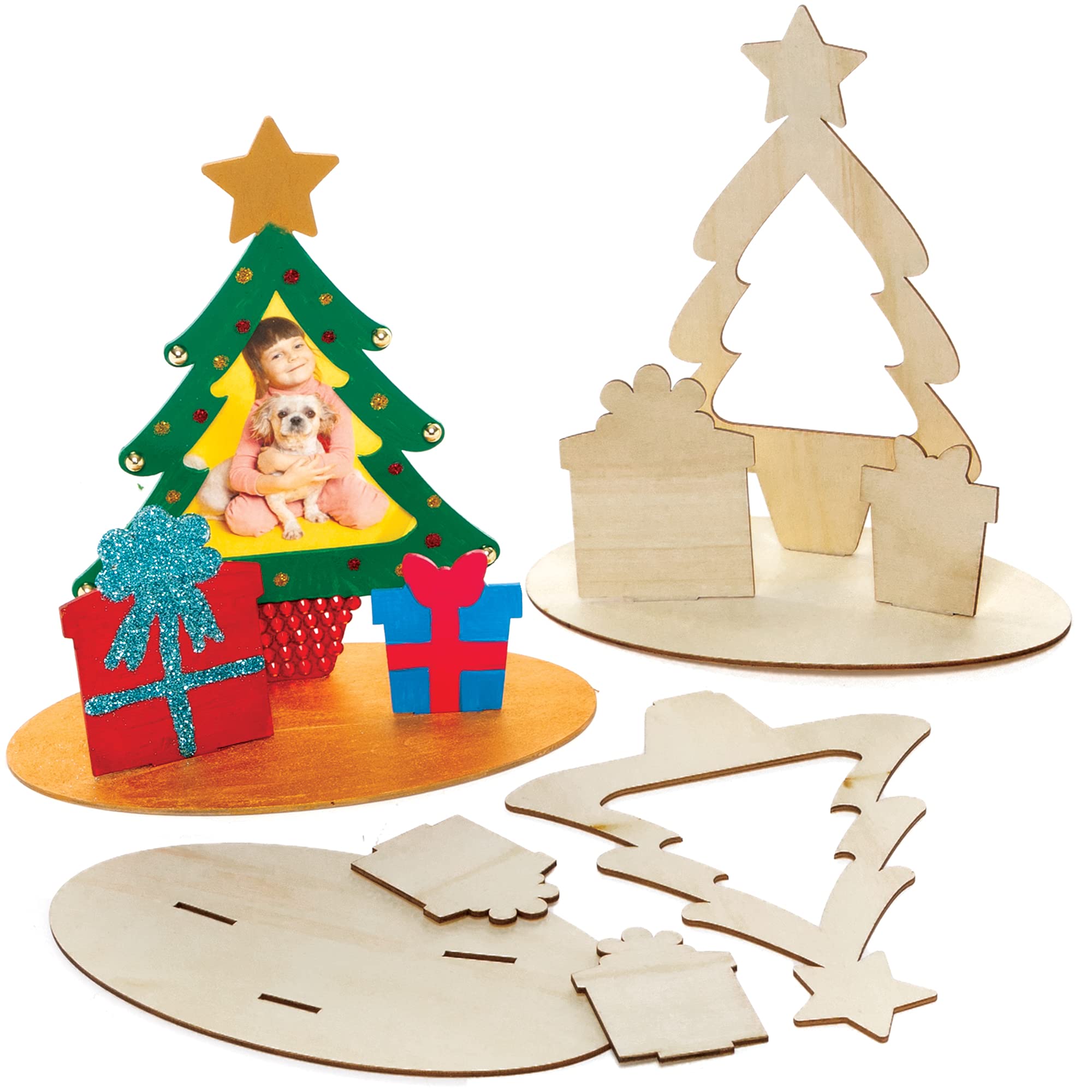Baker Ross FC115 Christmas Wooden Photo Frame Kits - Pack of 4, Mini Photo Frames, Wooden Crafts to Make and Decorate, Make Your Own Christmas Decorations
