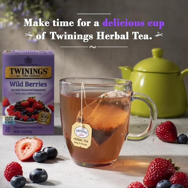 TWININGS WILD BERRIES TEA – A NATURALLY CAFFEINE-FREE HERBAL TEA BURSTING WITH FRESH & UPLIFTING BERRY TEA FLAVOURS, INDIVIDUALLY WRAPPED TEA BAGS, 20 COUNT