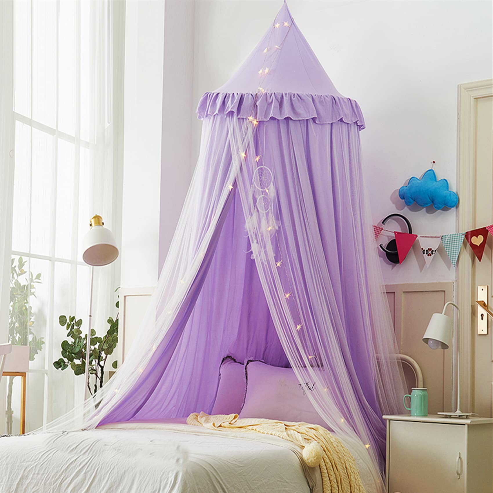 Photo 1 of VETHIN Bed Canopy for Kids with Lights,Double Layer Princess Round Dome Children Dreamy Mosquito Net Bedding Girls Room Castle Play Tent Hanging House Decor Reading Nook Canopies(Purple/White)