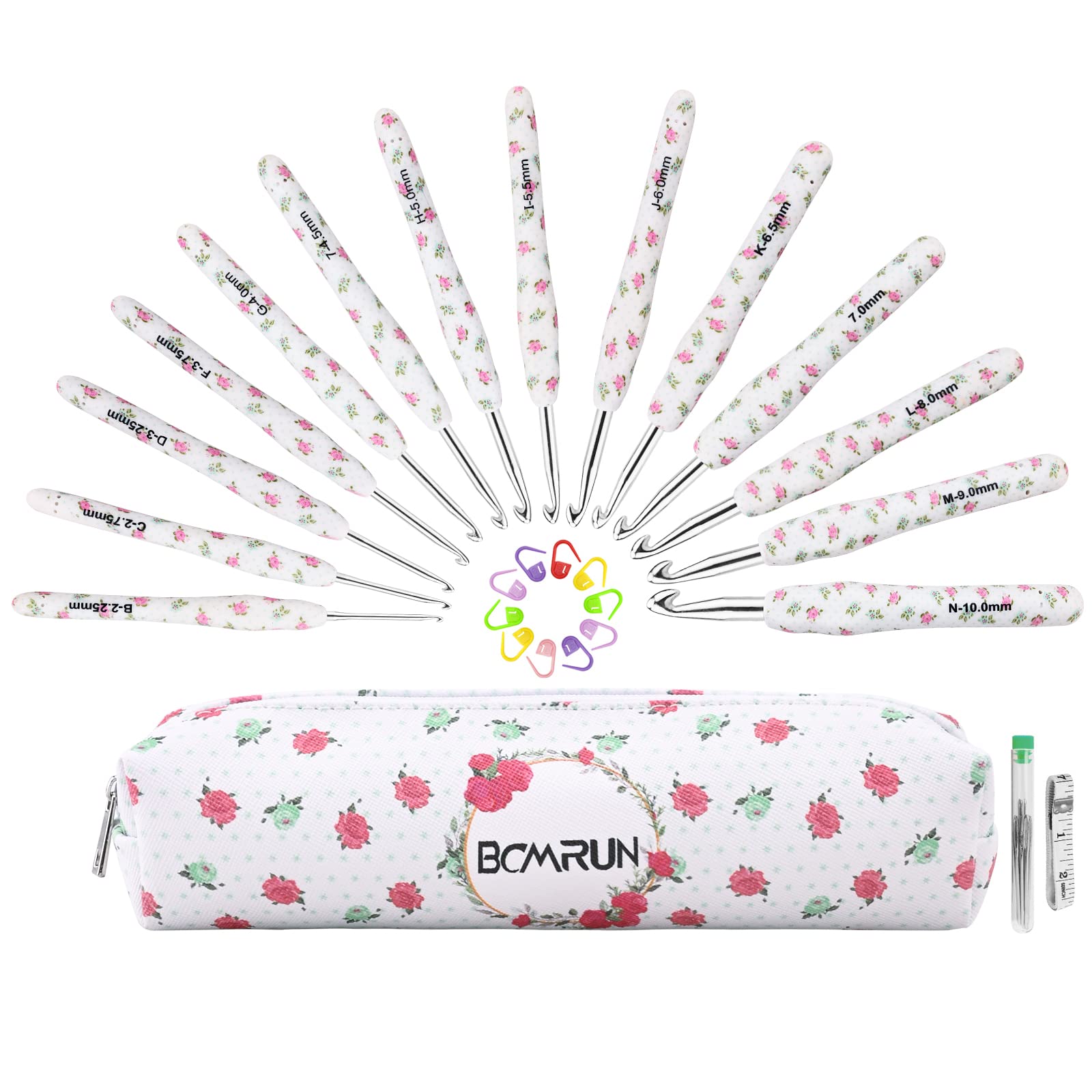 BCMRUN Crochet Hooks, 14pcs Flower Pattern 2.25mm-10mm Soft Grip Metal Crochet Needles for Crocheting & Knitting, White