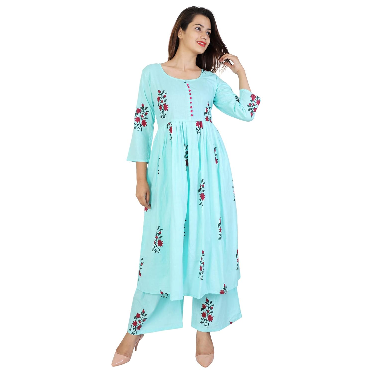 dhara sky blue colour cotton material designer kurta plazzo set for women
