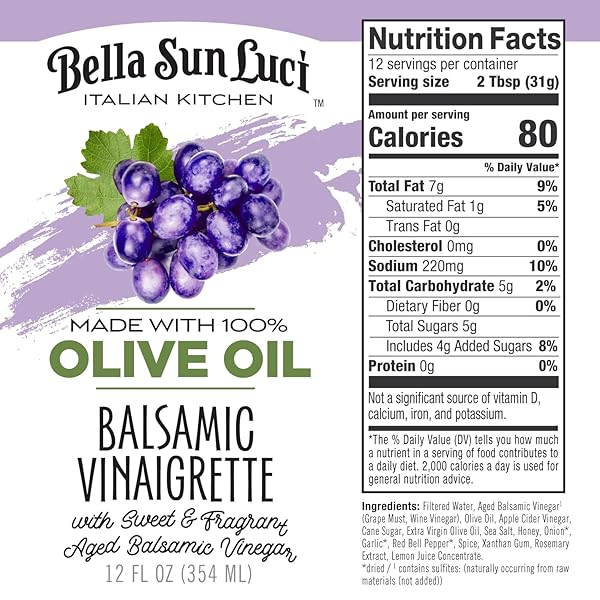 BELLA SUN LUCI ITALIAN KITCHEN BALSAMIC VINAIGRETTE, 12 FL OZ GLASS BOTTLE, WITH 100% EXTRA VIRGIN OLIVE OIL, ARTISAN GOURMET SALAD DRESSING & MARINADE, RICH & BALANCED FLAVOR, NO SEED OILS, GLUTEN-FREE, CALIFORNIA MADE