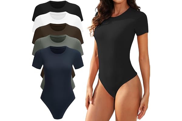 TVKSOM 5 Pack Body suits for Womens Short Sleeve Round Neck Casual Stretchy Basic T Shirt Bodysuit Tops