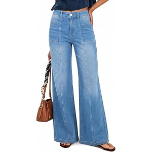 Flowyair Wide Leg Jeans Women Stretchy Sweatpant Jeans High Waisted Flared Casual Trendy Straight Denim Pants with Pockets