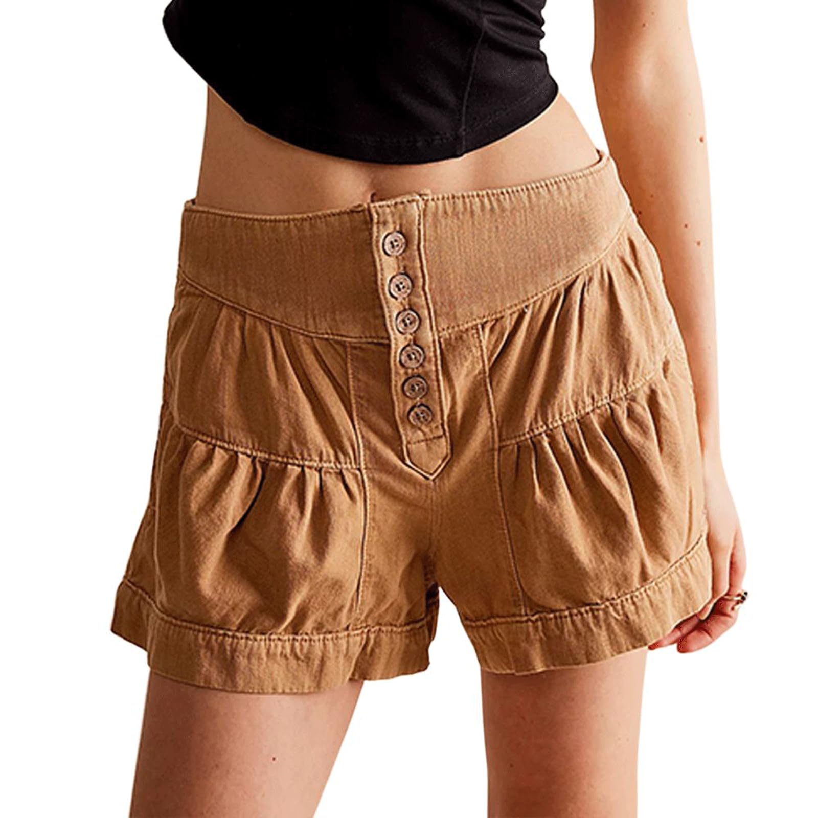 Photo 1 of utcoco Women's 2025 Denim Shorts Casual Summer High Waisted Wide Leg Buttons Pleated Ruffle Jean Shorts (Small, Light Orange)