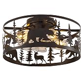 YEDAORL Farmhouse Caged Ceiling Fans with Lights and Remote Control,Rustic Black Chandelier Fan with Bear Deer Design,Flush Mount Low Profile Fandelier for Bedroom,Dining Living Room,Foyer