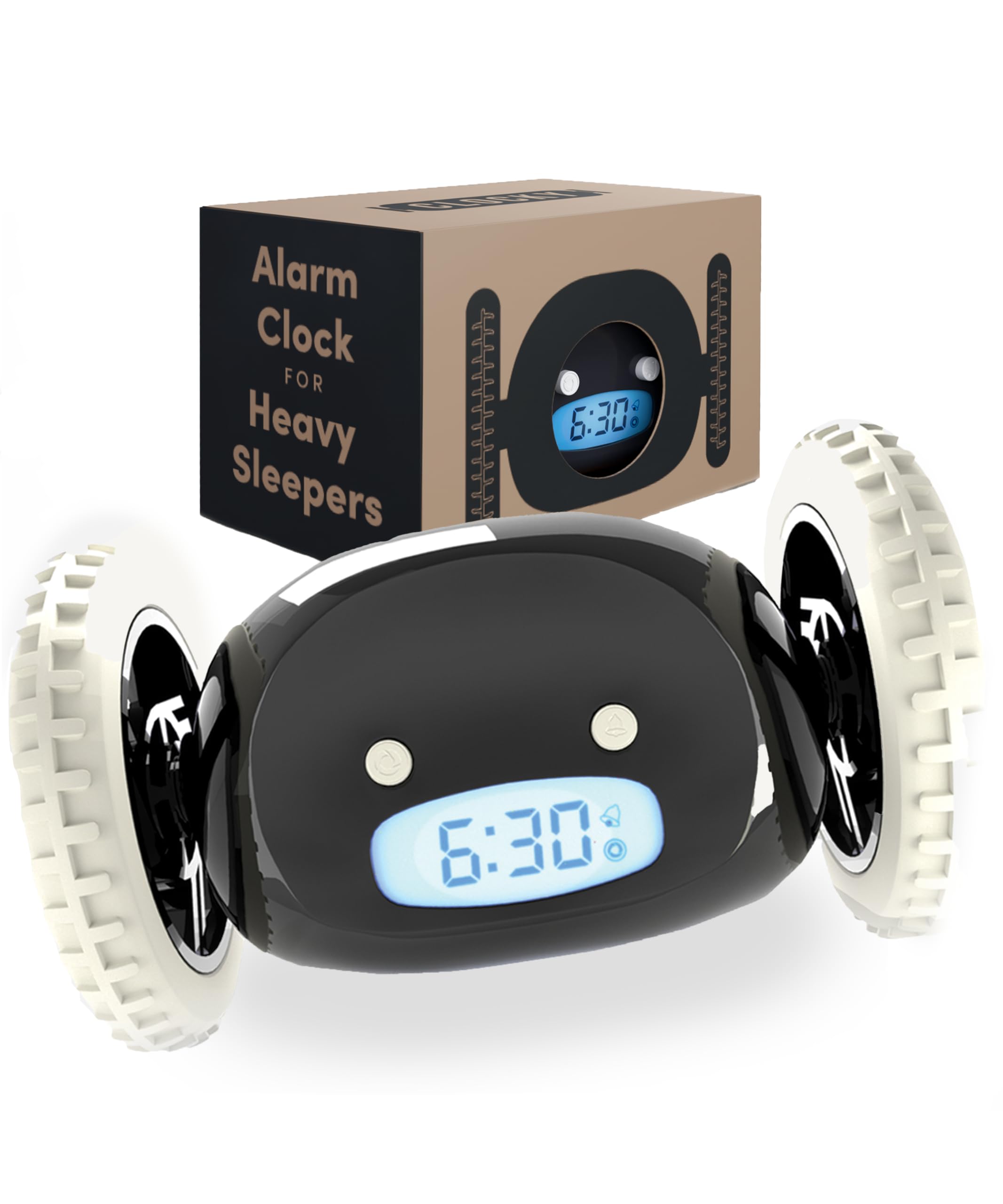 CLOCKY Alarm Clock on Wheels (Original) | Extra Loud for Heavy Sleeper (Adult or Kid Bed-Room Robot Clockie) Funny, Rolling, Run-away, Moving, Jumping (Black)