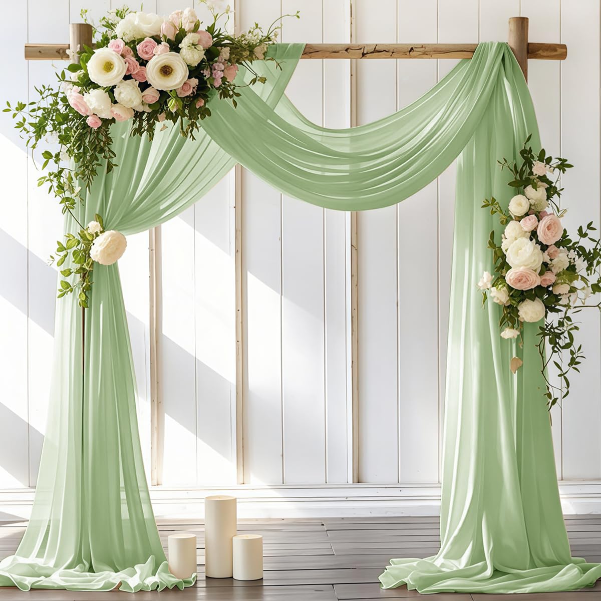 Photo 1 of LINXTAR Wedding Arch Draping Fabric 2 Panels 30'' x 18FT Sage Green Sheer Chiffon Arch Drapery for Photo Booth Bridal Shower Baby Shower Church Decor Newborn Photography Christening Outdoor Party