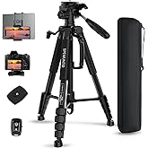 SPEMUNTO 75" Camera Tripod for Cell Phone, Black Porfessional Aluminum Heavy Duty Tripod with Wireless Remote for iPhone Trip