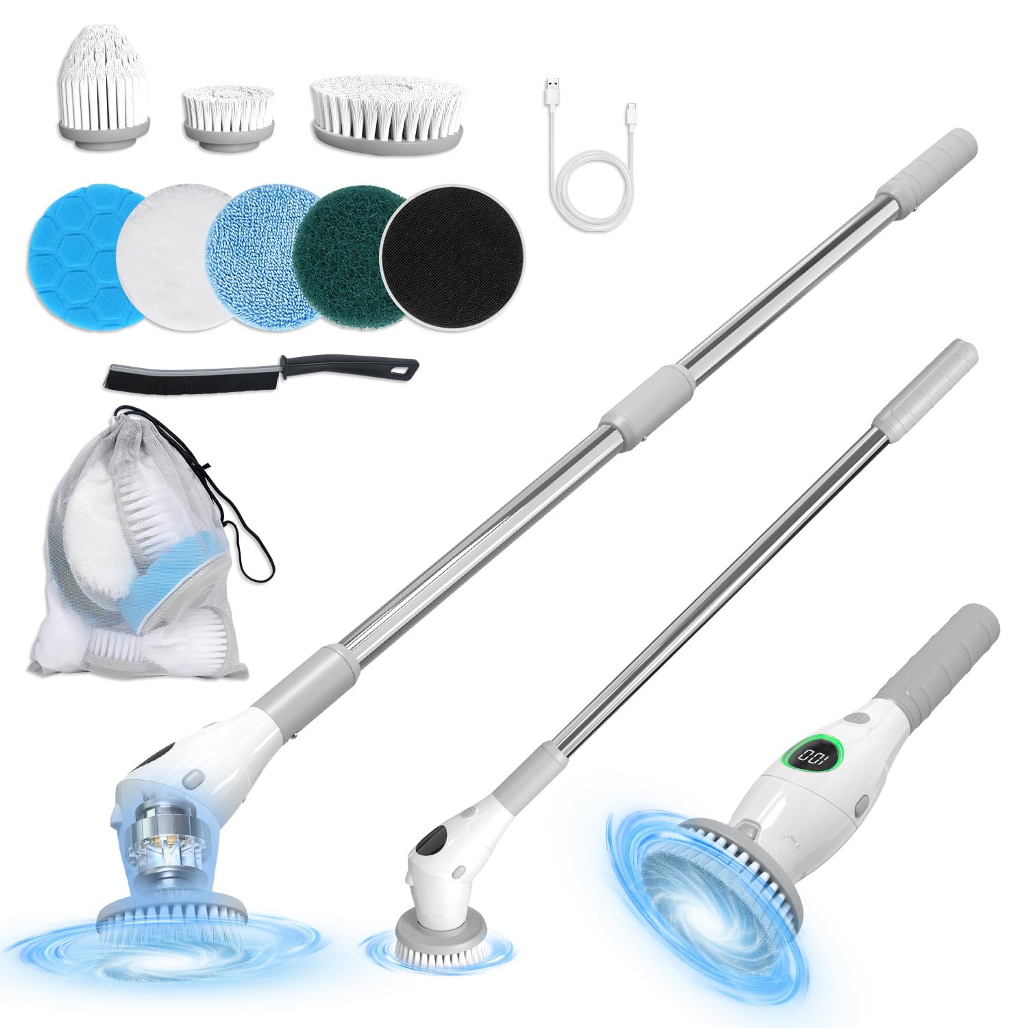 Electric Cleaning Brush, Cordless Electric Scrubber with 8 Interchangeable Brush Heads, 3 Speeds Adjustable Handle, LED Screen Electric Brush for Bathroom, Kitchen