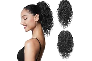 Flufymooz Ponytail Extension, 12" Short Claw Ponytail Extension Wavy Curly Jaw Clip in Pony tails Hairpiece Natural Synthetic Hairpiece for Women (Natural Black)
