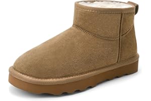 Gvimenos Women's Genuine Suede Winter Mini Boots Water Resistant Snow Booties with Cozy Faux Fur Lining Anti-Slip Memory Foam Insole Lightweight Pull On Ankle Boots Outdoor