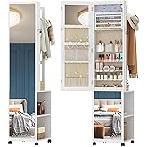 Hzuaneri 8 LEDs Jewelry Cabinet Armoire, 64.8"H Standing Jewelry Organizer with Garment Rack, Lockable Full-length Mirror wit