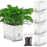 Planterhoma Self Watering Plant Pots for Indoor Plants 7 inch, 4 Packs Rectangle Self-Watering Planters with Drainage Hole, White African Violet Pots for Devil's Ivy, Spider Plant, Orchid, Herb