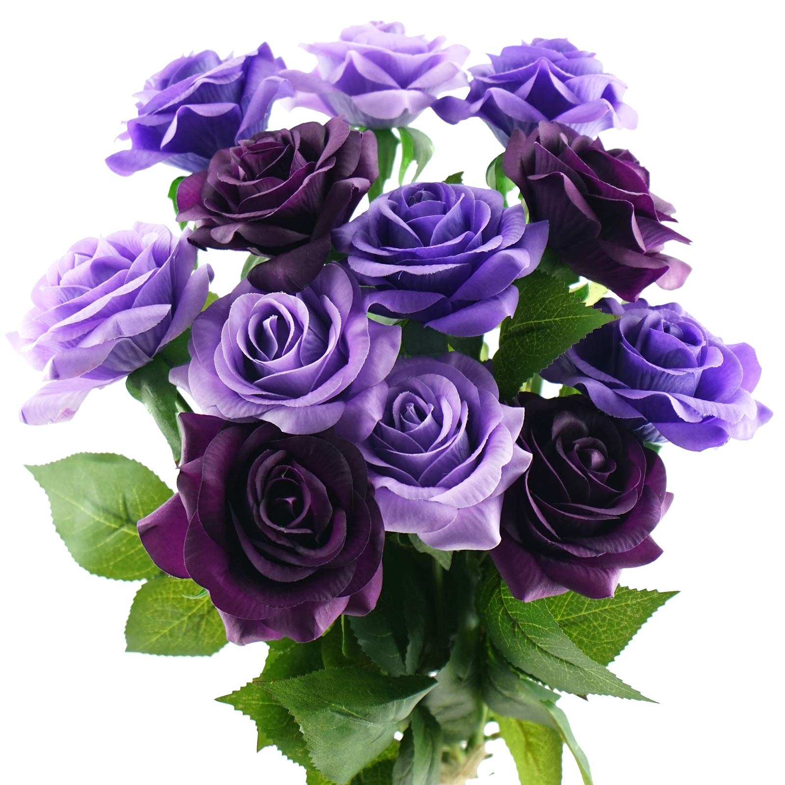 FiveSeasonStuff Real Touch Silk Roses - 12 Stems Mixed Purple Bouquet with Petals Like Fresh Roses