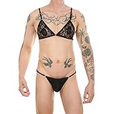 FEOYA Men's Sissy Bikini Lingerie Set 2 Piece Floral Lace Triangle Bra T Back Thong Crossdresser Underwear