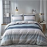 EAVD Cotton Duvet Cover Set White Gray Blue Striped Duvet Cover King Geometric Pattern Bedding Set with 2 Pillowcases Modern Style Striped Comforter Cover with Zipper Closure