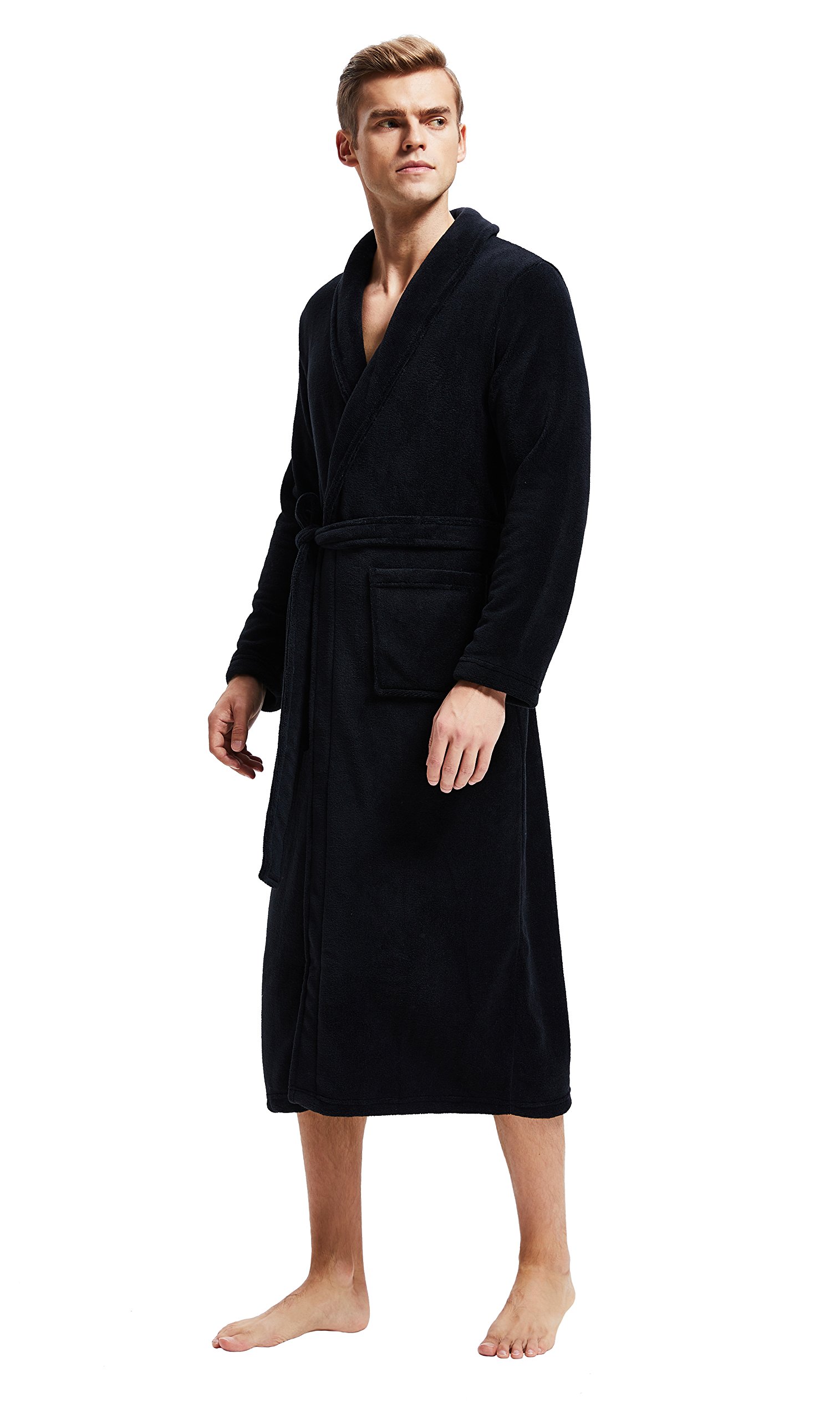 Men's Fleece Bathrobe Long Shawl Collar Plush Robe Black ...