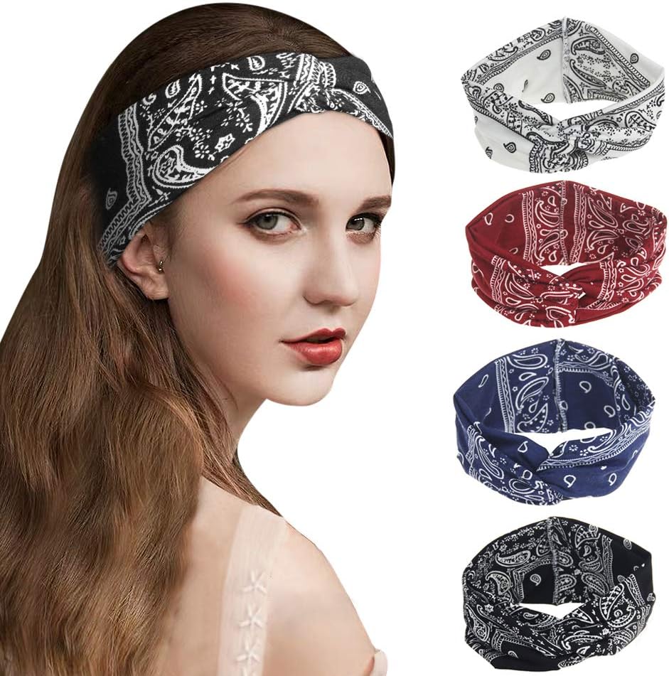 GoHZQ 4PCS Women Workout Headband Lightweight Soft Wicking Stretchy Head Wrap Ideal for Sports Yoga Pilates Dancing Running Cycling Fitness Exercise Travel