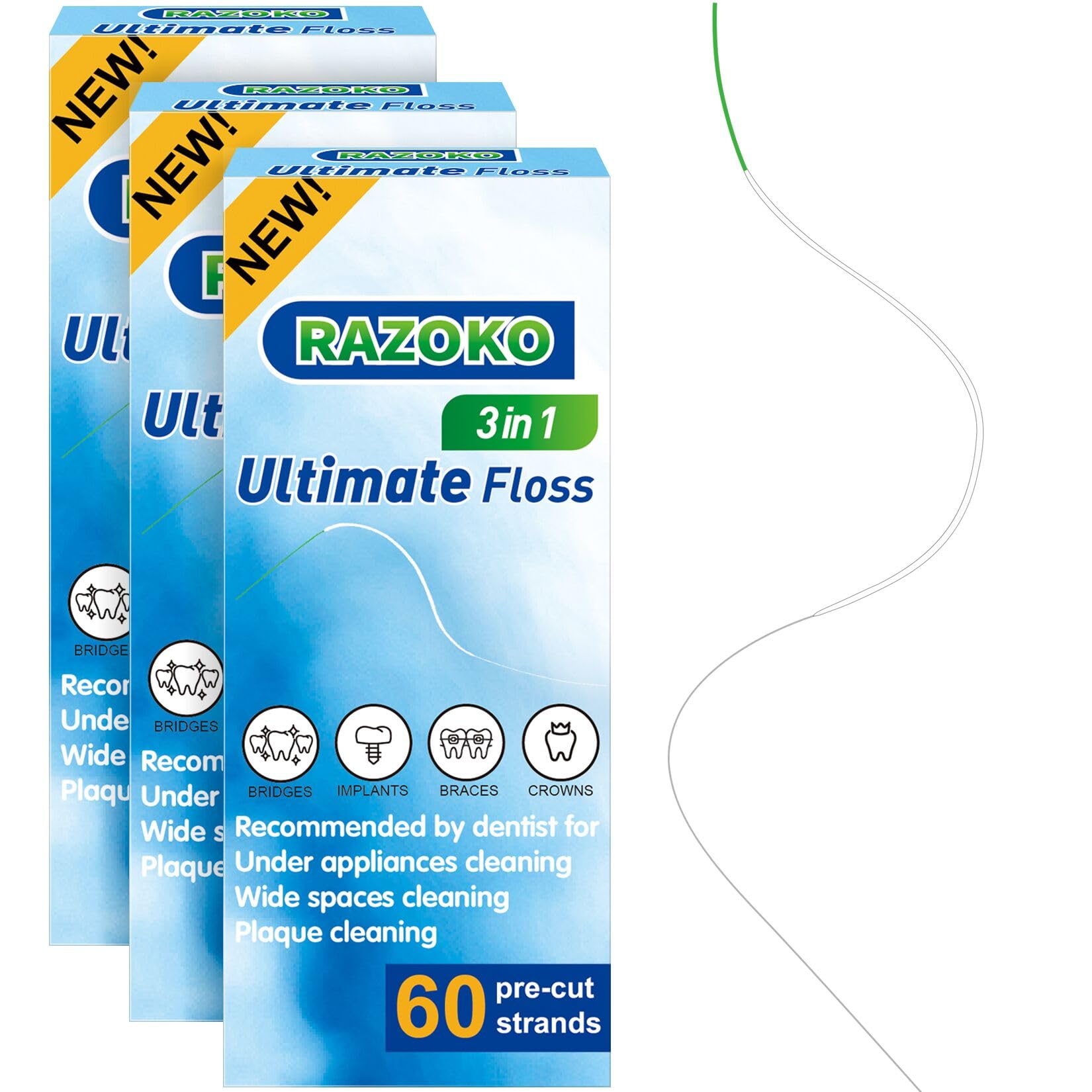 RAZOKO 3-in-1 Floss for Braces, 180 Pre-Cut Strands | Floss Threaders, Spongy & Regular Floss for Bridges & Wide Gaps